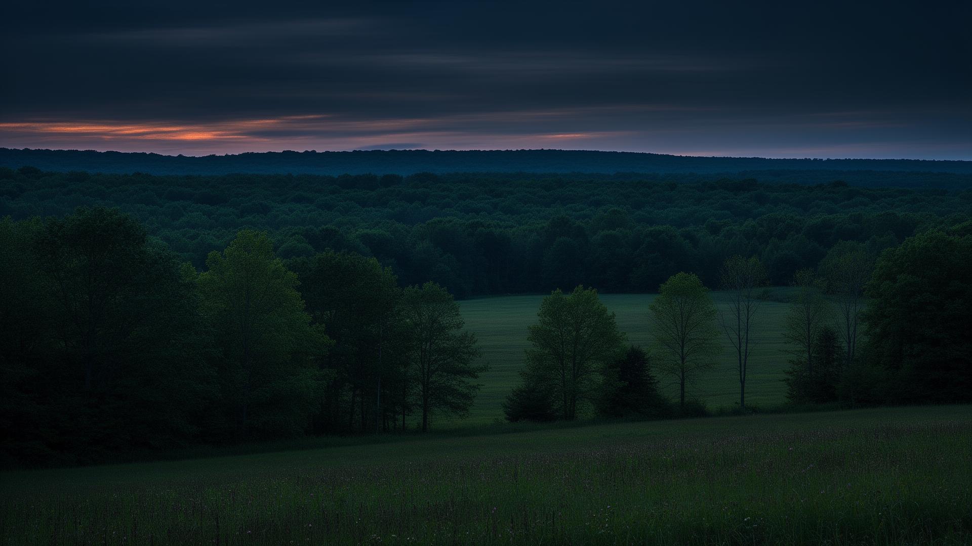 Forested farmland at dusk